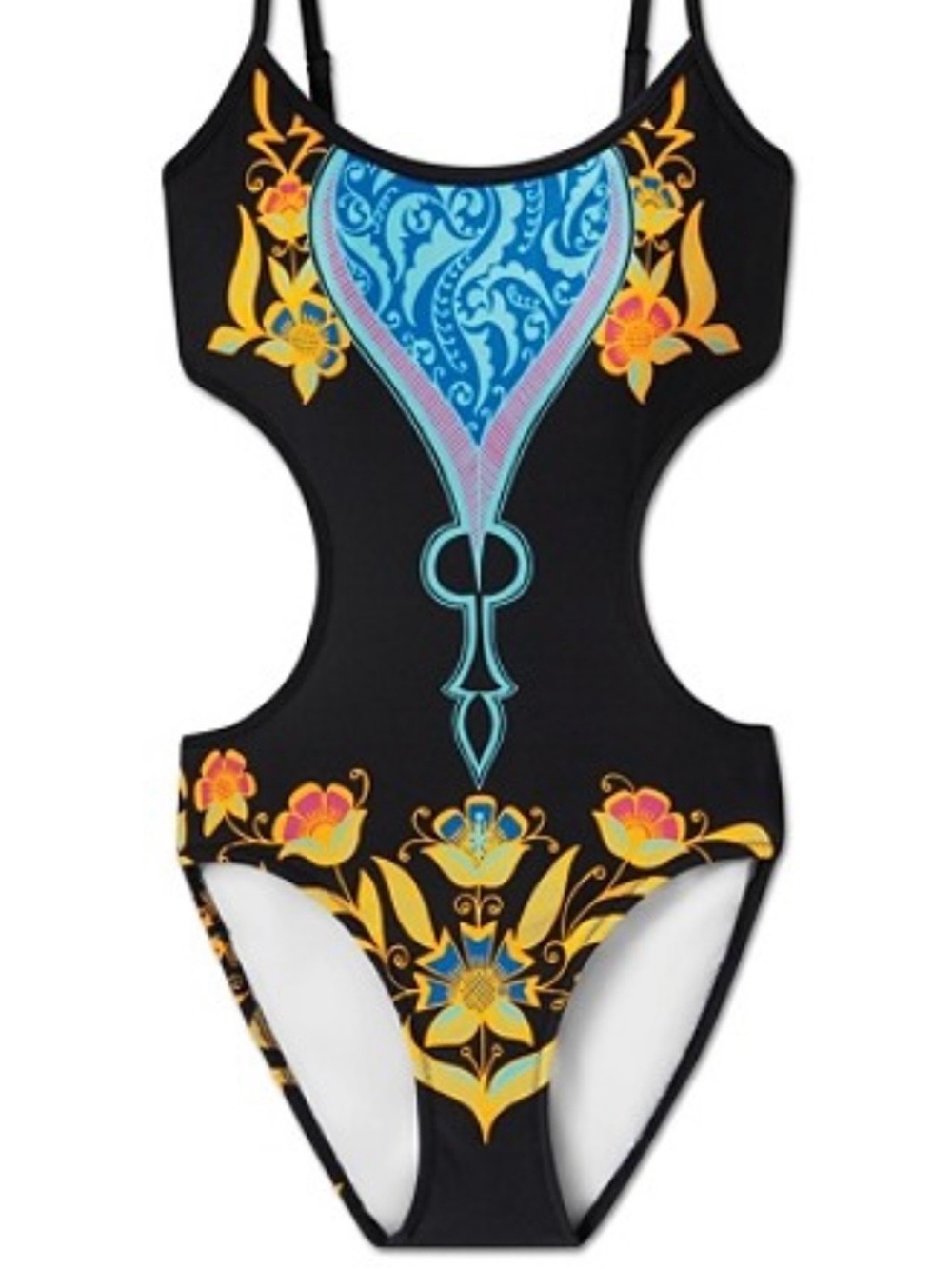 Yellow man Black One-Piece Swimsuit with Turquoise & Multi-Color Floral Print
